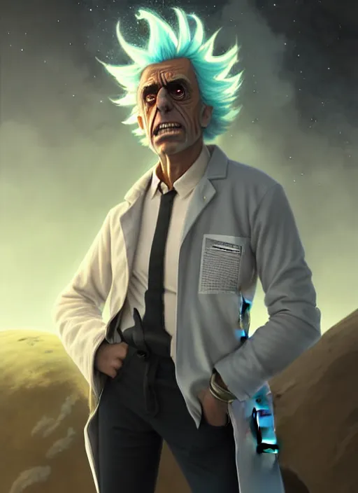 Prompt: rick sanchez portrait wearing a white lab coat. highly detailed. digital painting. smooth. alien planet background. art by greg rutkowski