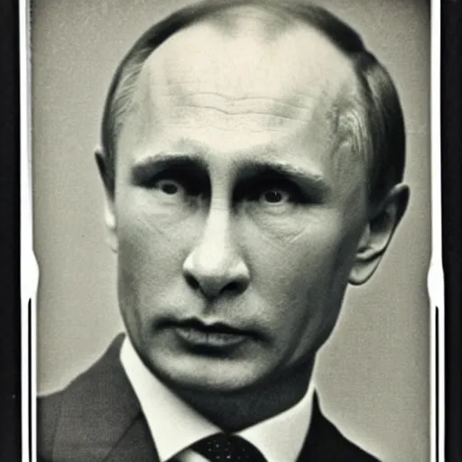 Image similar to vladimir putin, found in cave corner, polaroid black and white picture, 1 9 th century, scary horrifying