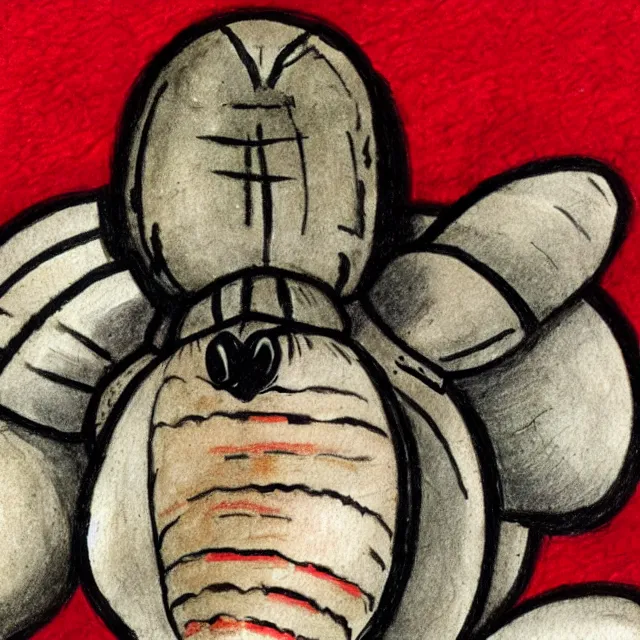 Prompt: concept art by michelangelo, pencil and watercolor. a mask representing a colorado potato beetle, black and white with red accents