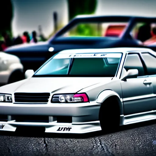 Image similar to a car JZX100 drift missile at illegal car meet, Chiba prefecture, city mist softlight, photorealistic, highly detailed, 85MM