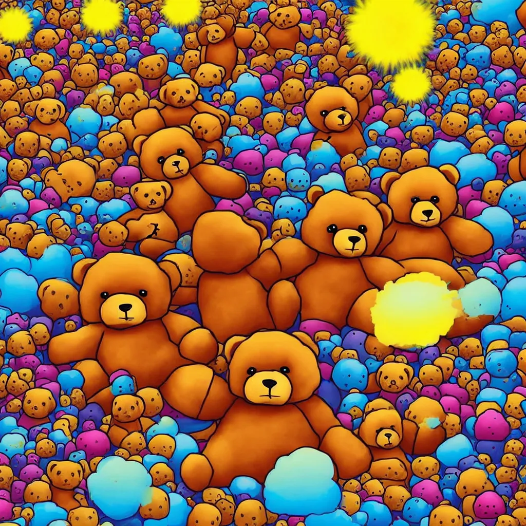 Image similar to a lot of teddy bears fights in epic battle, background a nuclear toxic multi - colored explosion in big town, psychedelic