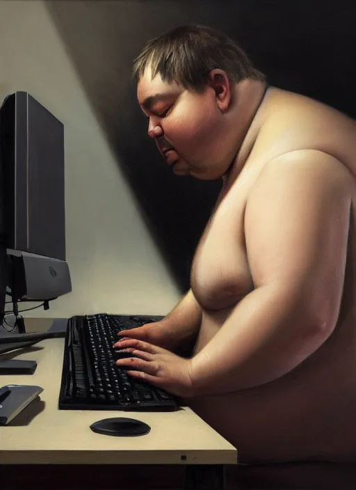 Image similar to insanely detailed chiaroscuro image of a exhausted - looking slightly fat casually - dressed programmer guy on his knees facing his glowing ultrawide computer monitor monitor begging it for forgiveness, oil on canvas, masterwork, fine detail, trending on artstation, emotive, insanely compelling, ryden, greg rutkowsky, moebius