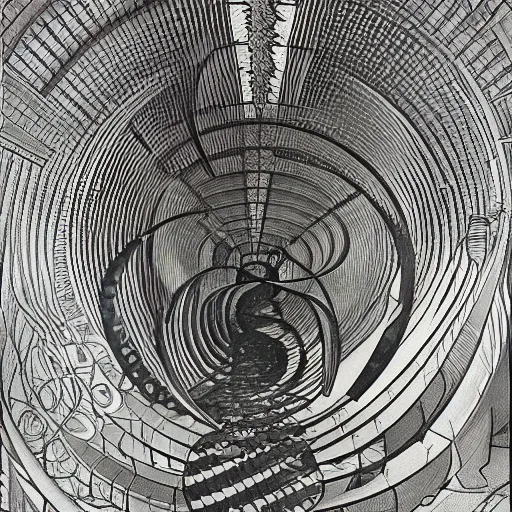 Image similar to the world is labyrinthine beyond possibility of imagining, inhabited on many levels by alien intelligence, infinite in extent, staggering in its beauty, terrifying in its weirdness, endlessly satisfying and peculiar, by Maurits Cornelis Escher, shining light and shadow, atmospheric, Award winning. Masterpiece, detailed illustration, alphonse mucha