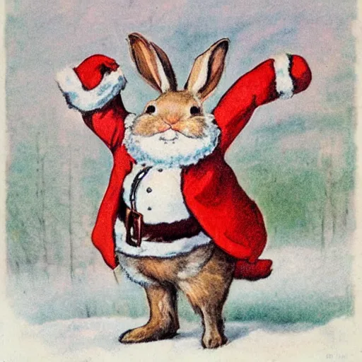 Prompt: a christmas card of a rabbit dressed as santa, in the style of anders zorn