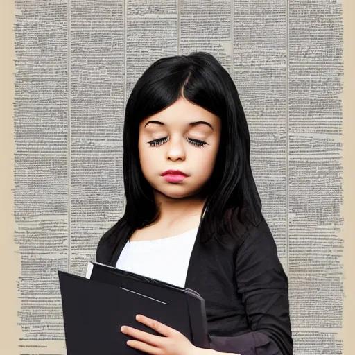 Image similar to young girl with black hair writing a paper about fake news, digital art,