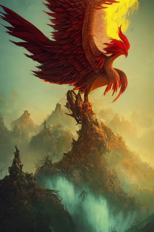 Image similar to phoenix rising from the ashes alexander jansson : 1 | centered, psychedelic, colorful, matte background : 0. 9 | by jim henson : 0. 7 | dave melvin : 0. 4 | unreal engine, deviantart, artstation, octane, finalrender, concept art, hd, 8 k resolution : 0. 8