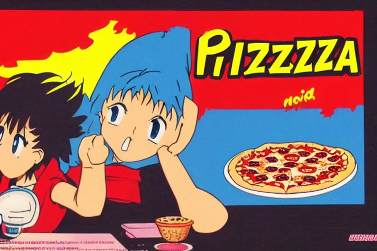 Image similar to pizza, 80s, advertisement, anime, explosion!!!!!!!!!!!!!!!