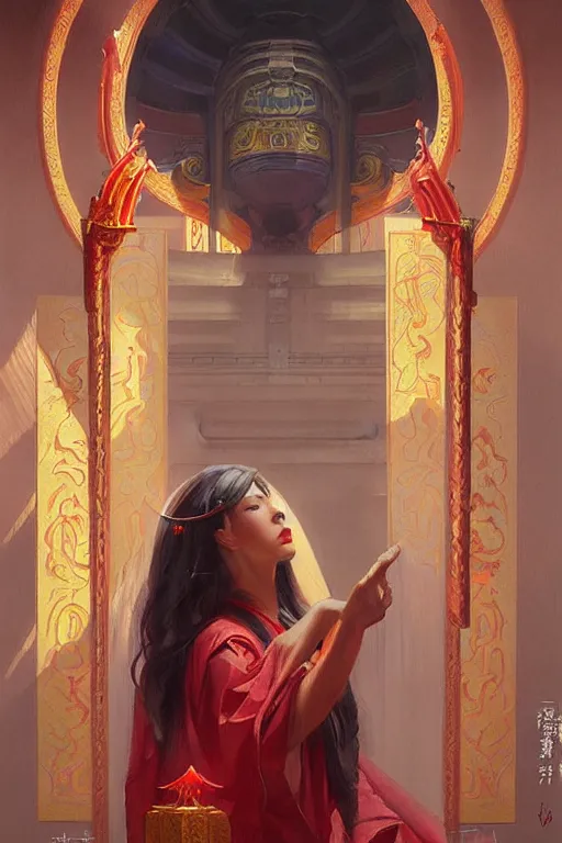 Image similar to temple, taoism, rainbow, painting by greg rutkowski, j. c. leyendecker, artgerm