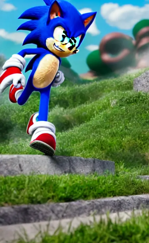 Image similar to super super super epic cinematic shot of sonic the hedgehog, 8k miyazaki anime scene, motion blur, red shoes, green eyes, ++++++ super super super dynamic action running, concept photos, dynamic lighting, dynamic shaders, sunny day, green hill zone, amazing quality