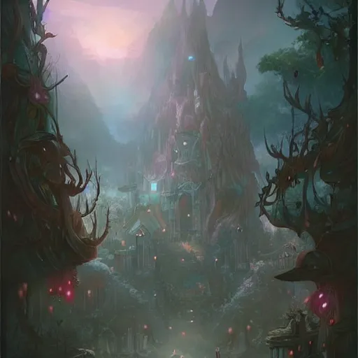 Prompt: Ancient faerie city nestled in a deep forest at dusk by Ross Tran, trending on artstation