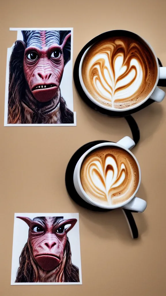 Prompt: a mug of coffee with a portrait of jar jar binks in it. style of latte foam art. color harmony, 8 k detail, gallery quality, hd wallpaper, premium prints available, hyper - detailed, intricate design.