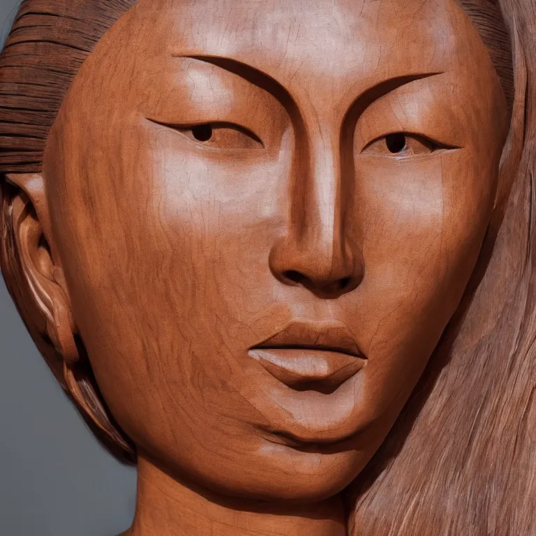 Image similar to public sculpture minimalist portrait of a powerful asian woman wearing pigtails, beautiful symmetrical face accurate face detailed face realistic proportions, carved out of mahogany wood on a pedestal by stephan balkenhol and martin puryear, hyperrealistic dramatic lighting shocking detail trending on artstation 8 k