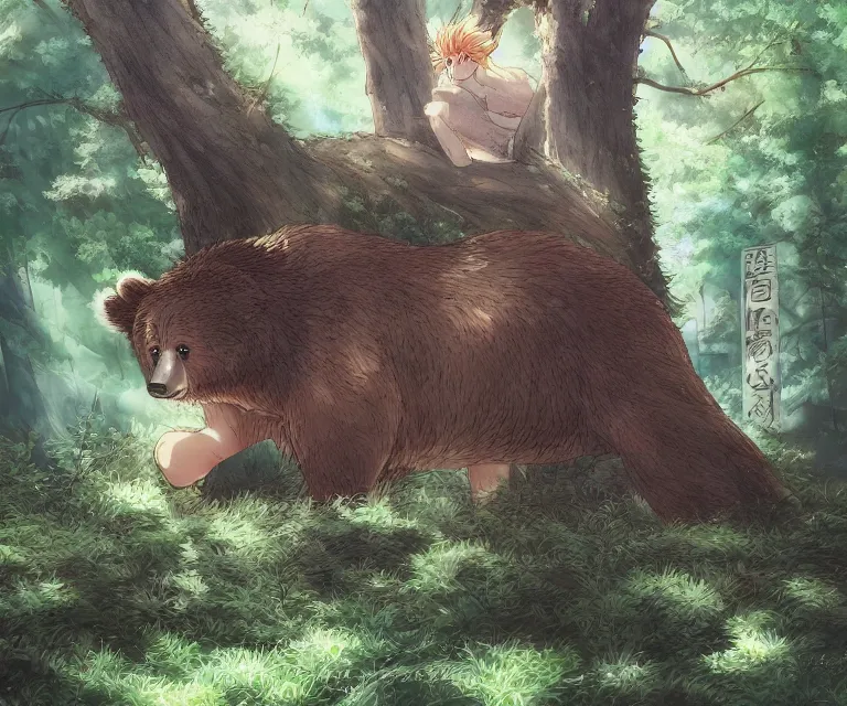 Image similar to bear in a forest, anime fantasy illustration by tomoyuki yamasaki, kyoto studio, madhouse, ufotable, comixwave films, trending on artstation