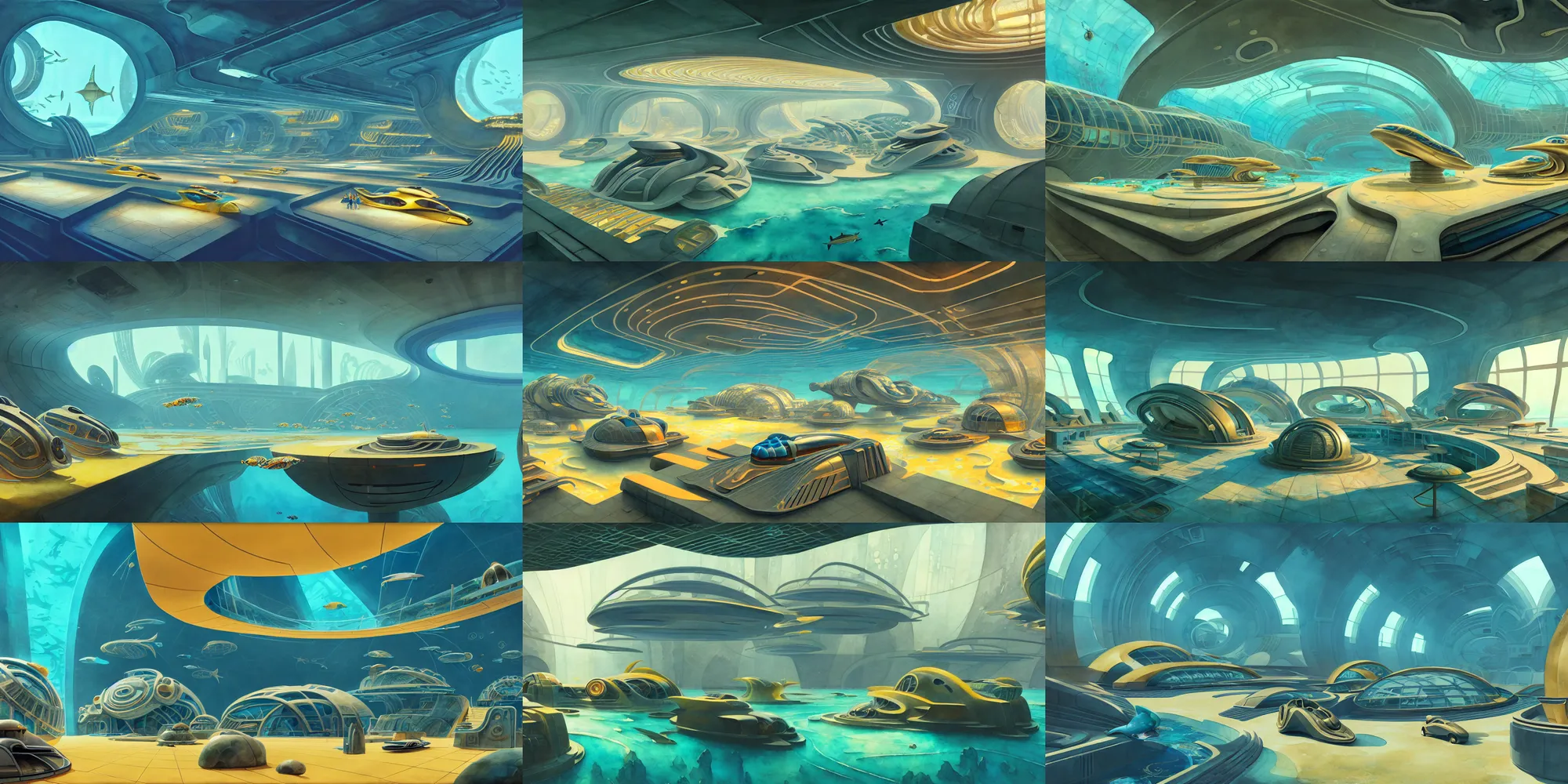 Prompt: a beautiful illustration of futuristic interior layout of sunken city, underwater, art deco, big medium small, golden ratio, in watercolor gouache detailed paintings, in style of syd mead, trending on artstation, 8 k, panel, hard surface, vent, zaha hadid, props, cozy, decoration, simon stalenhag, deus ex