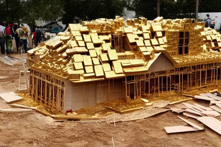 Image similar to a house, under construction, made of dollars, with piles of gold around it