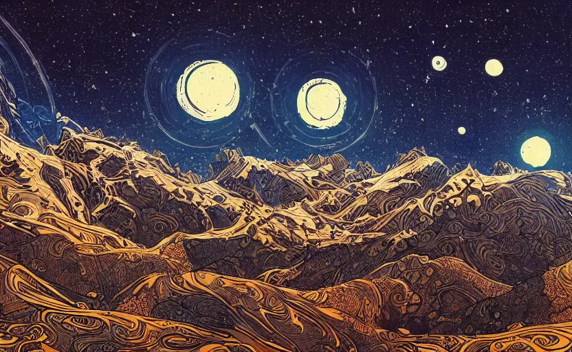 Prompt: mountains, stars and paisley filled sky, artstation, intricate, highly detailed, digital painting, concept art, sharp focus, illustration by Jean Claude Mézières and James Jean