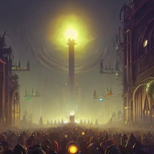 Image similar to gigantic clockwork city, nighttime festival, crowded streets, high fantasy, 8 k, digital art, concept art, artstation, by sylvain sarrailh, dominik zdenkovic, and quentin mabille