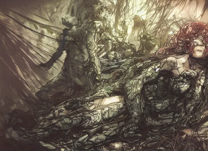 Image similar to my bed is a forest with a giant cthulhuin night and giant eyes dark color by, yoji shinkawa, yoshitaka amano, tsutomu niehi, moebius, donato giancola, trending on artstation, featured on pixiv, cinematic composition