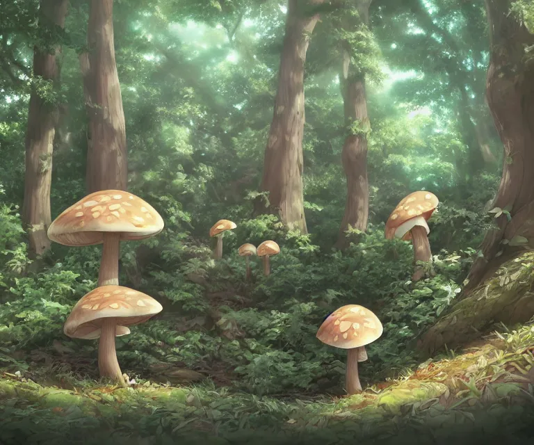 Prompt: mushroom in a forest, anime fantasy illustration by tomoyuki yamasaki, kyoto studio, madhouse, ufotable, comixwave films, trending on artstation