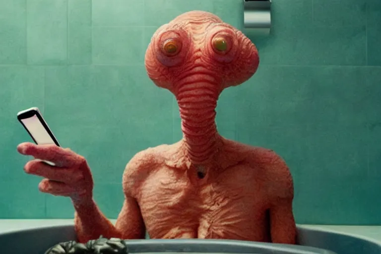 Prompt: hyperrealism aesthetic ridley scott and denis villeneuve style photography of a detailed giant squidward, siting on a detailed ultra huge toilet and scrolling his smartphone in hyperrealism scene from detailed art house movie in style of alejandro jodorowsky and wes anderson