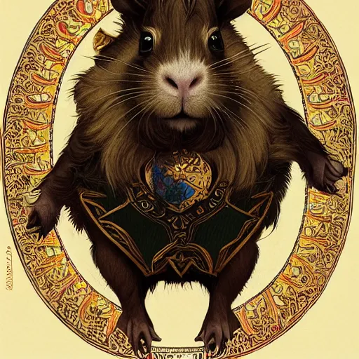 Prompt: A heraldic Prince Guinea Pig with big cute eyes portrait, D&D, fantasy, intricate, cinematic lighting, highly detailed, digital painting, artstation, concept art, smooth, sharp focus, illustration, art by Akihiko Yoshida, Greg Rutkowski and Alphonse Mucha