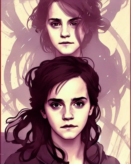 Image similar to Poster artwork, Emma Watson as Hermione Granger, medium shot, details, sharp focus, illustration, by Jordan Grimmer and Alphonse Mucha and greg rutkowski and PiNe(パイネ) and 薯子Imoko and 香川悠作 and maya takamura, intricate, beautiful, Trending artstation, pixiv, digital Art