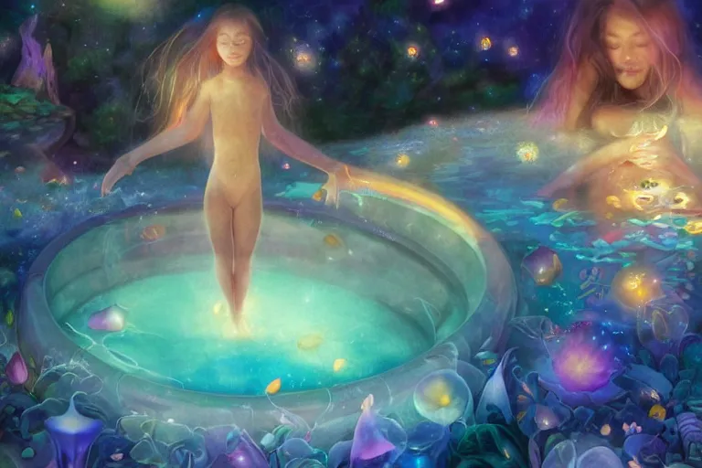 Prompt: a child falling into the pool of fantasy in her dreams, bed, psychedelic, whimsical, 4k, beautiful, a crystal and flower, reflective pool, surrounded by gems, underneath the stars, rainbow fireflies, trending on patreon, deviantart, twitter, artstation, volumetric lighting, heavy contrast, art style of Greg Rutkowski and Miho Hirano and Ross Tran