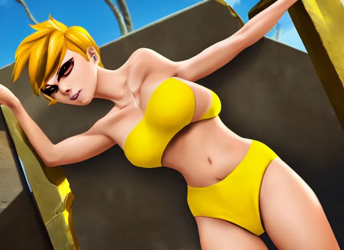 Image similar to tracer game character, in yellow bikini, blonde hair, black eyes, full height