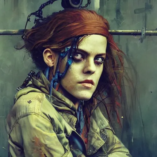 Image similar to riley keough as an apocalyptic wasteland wanderer, steelpunk, abandoned steelworks, grime and grunge, in the style of adrian ghenie, esao andrews, jenny saville,, surrealism, dark art by james jean, takato yamamoto, kodak ektar