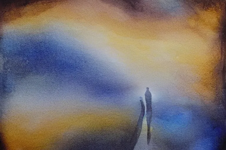 Image similar to beautiful serene walk to the top of the hill to see the wast horizon, healing through motion, life, minimalistic golden and ink airbrush painting on white background, pristine dream