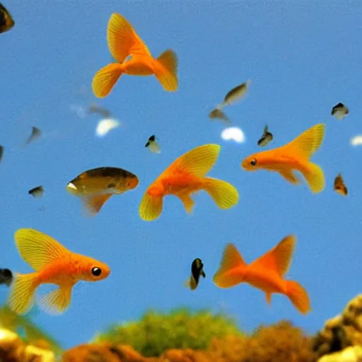 Prompt: oasis in the desert, many goldfish fly in the sky