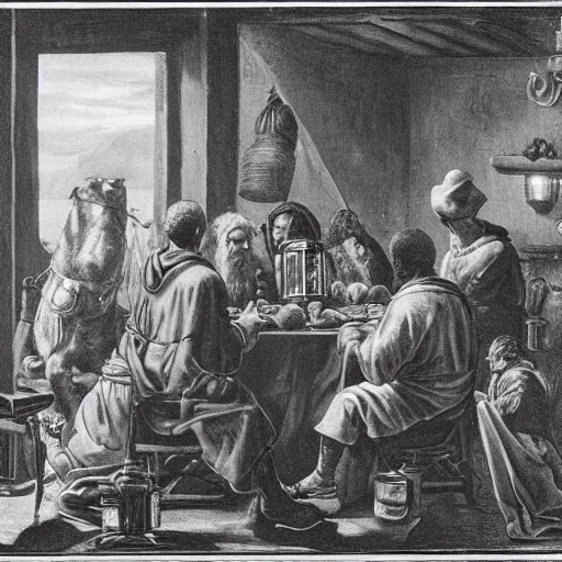 Image similar to 2 1 savage and 5 0 cent and drake huddled around a table with a lantern in a dark pub like in the denial of st. peter by gerard seghers