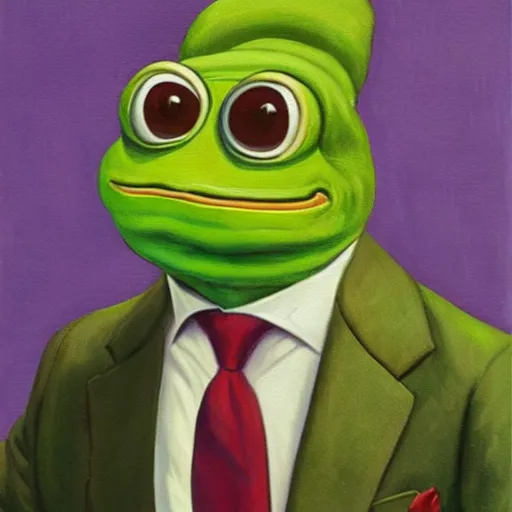 Image similar to pepe the frog in suit and tie, uncropped, painting by Joseph Christian Leyendecker