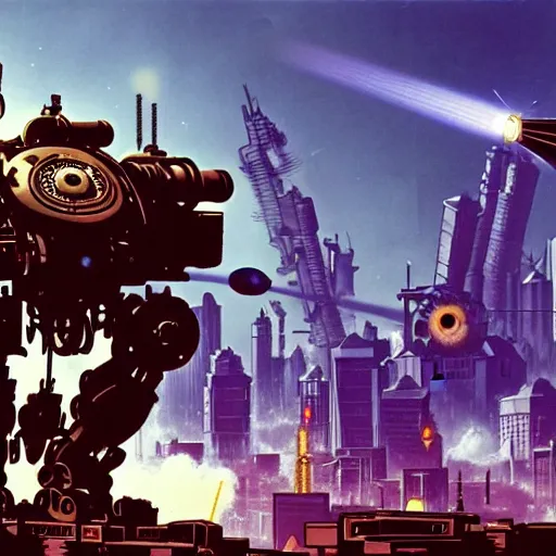 Prompt: A wide-angle photograph of a steampunk-style mech with machine guns, rocket launchers, and lasers towering over a city