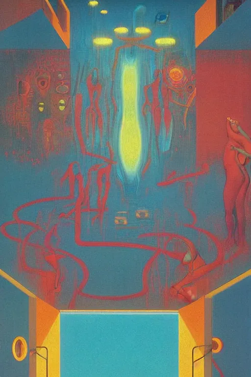 Image similar to 8 0 s art deco motel with swimmingpool, cinematic dramatic cyberpunk textural fluid lines otherworldly vaporwave interesting details fantasy lut epic composition by basquiat zdzisław beksinski james jean artgerm rutkowski moebius francis bacon gustav klimt