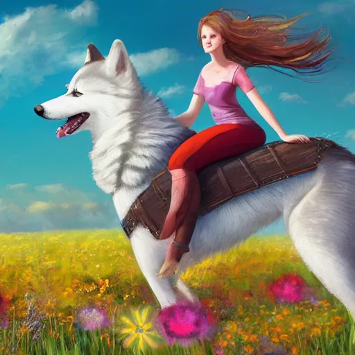 Image similar to girl riding a giant husky in a field of flowers, trending on artstation