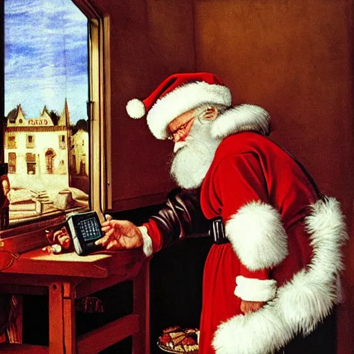 Prompt: Father Christmas playing with a nintento Gameboy Painted by Caravaggio