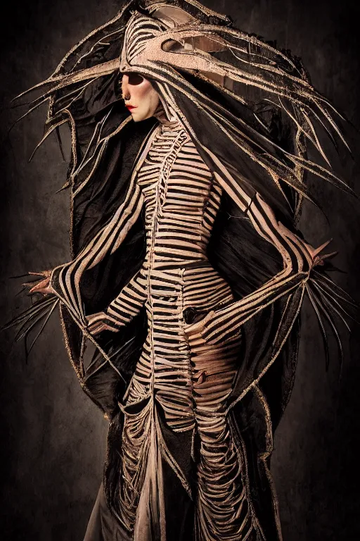 Image similar to dressed senobith, symmetrical, cinematic, elegant, dark, real photography, professional dark studio light, costume made by clive barker, 4 k, ultra hd, sense of awe