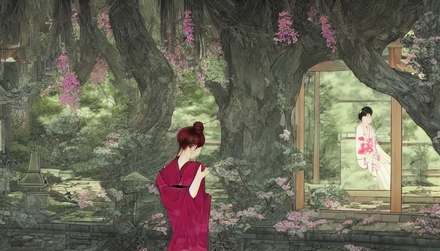 Image similar to zeenchin style digital painting of a beautiful girl in japan, looking out a window at a temple garden filled with yokai and spirits, deviant artist, zeen, uhd, high detail,