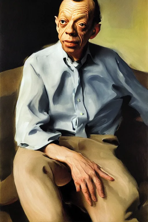 Image similar to portrait of don knotts sitting with full face full figure, in the style of expressionism, soft light, volumetric light, subsurface scattering, translucent skin, john singer sargent, andrew wyeth, jamie wyeth, john singer sargent,