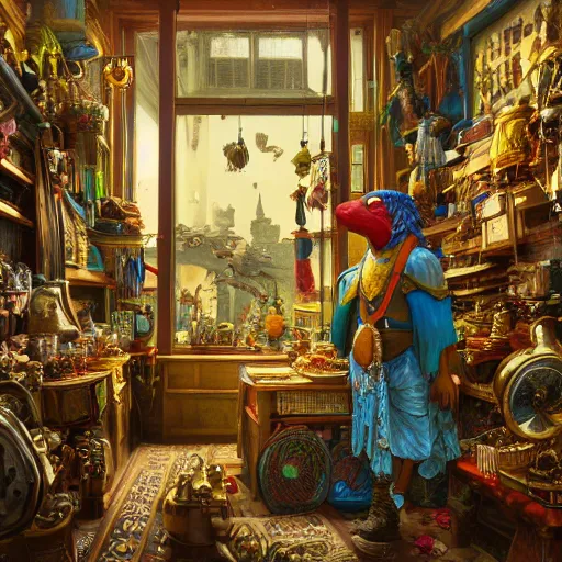 Image similar to A Anthropomorphized parrot trader in his shop, selling his wares, items, gold, carpet, window, D&D, fantasy, intricate, cinematic lighting, highly detailed, digital painting, artstation, concept art, smooth, sharp focus, illustration, art by Akihiko Yoshida, Greg Rutkowski and Alphonse Mucha