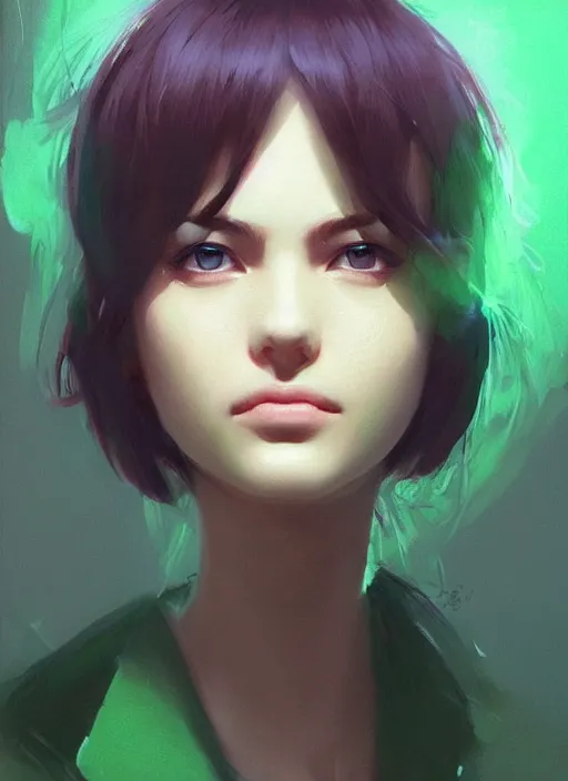 Image similar to a beautiful woman with green weyes lookign directly at the camera, bright colors, highly detailed, concept art, matte, trending on artstation, anime, art by wlop and artgerm and greg rutkowski, ilya kuvshinov, strong strokes,