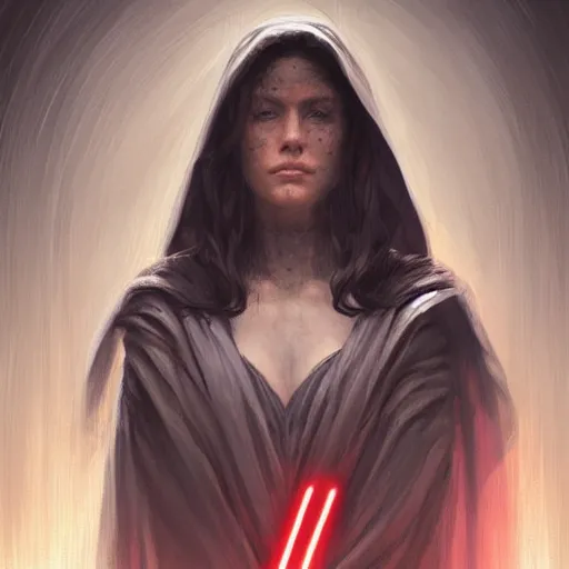 Prompt: portrait of an woman by Greg Rutkowski, she is about 20 years old, pretty, long brown wavy hair, scar near her mouth that makes her look like she's smiling all the time, wearing black sith robes, Star Wars Expanded Universe, highly detailed portrait, digital painting, artstation, concept art, smooth, sharp foccus ilustration, Artstation HQ