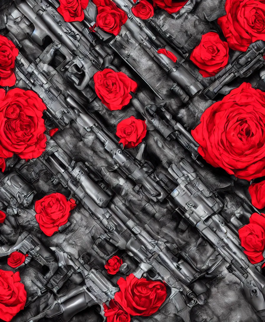 Prompt: close up guns and red roses, ultra detailed, photorealistic, trending on artstation, 4 k, 8 k