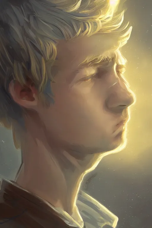 Image similar to young man with short blond hair, looking downwards, magical swirls, magical light, magical atmosphere, depression, painterly, highly detailed, 8 k, digital art trending on artstation, hyper detailed, graphic novel