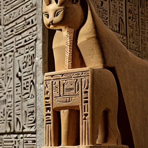 Prompt: beautiful egyptian carved statue of a cat sitting inside of a temple with hieroglyphics on the walls