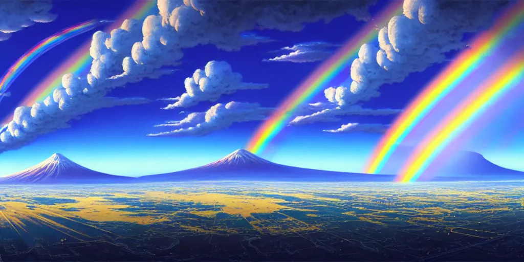 Image similar to detailed matte painting of noah's ark landing on mount ararat, double rainbow in a clear blue sky, art by dan mumford and yusuke murata and makoto shinkai and ross tran, cosmic, heavenly, god rays, intricate detail, cinematic, 8 k, cel shaded, unreal engine, featured on artstation, pixiv