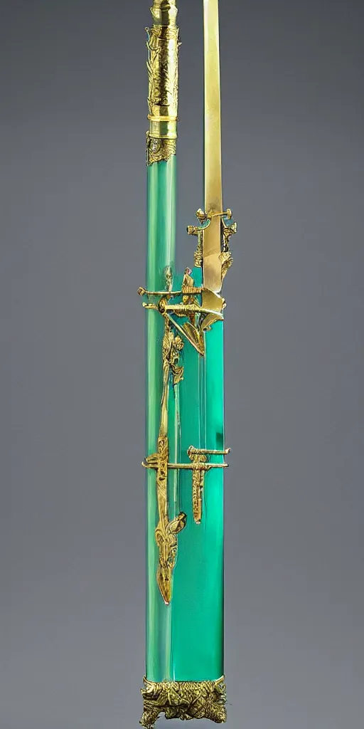 Image similar to photograph of a large green and teal crystal sword with a gold sword hilt