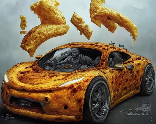 Image similar to a car made of cheese, many holes, concept art by joao ruas, highly detailed, hyperrealistic, artgerm, Tomasz Alen Kopera, WLOP, Boris Vallejo