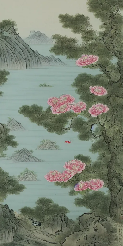 Prompt: summer manor with peony flowers and lake, chinese landscape painting